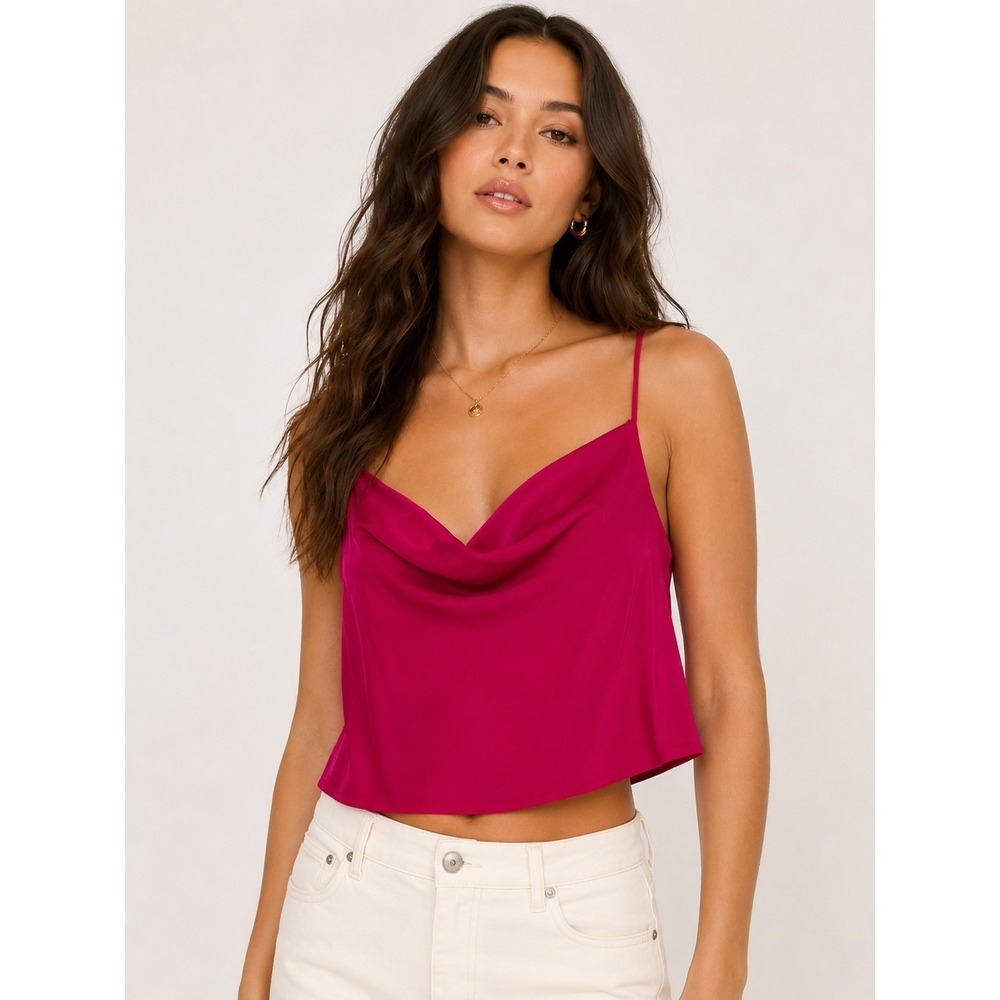 Zara Cowl Neck Cami Women Size S Pink Satin Finish Cropped Tank Top